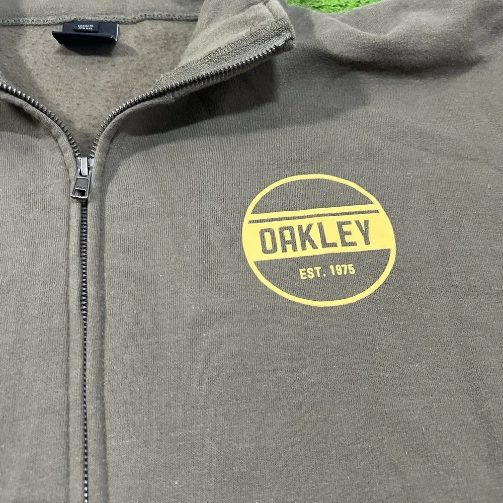 Y2K Oakley Sweatshirt XL Olive Drab Yellow Full Zip Fleece Jacket Mock‎ Neck EUC